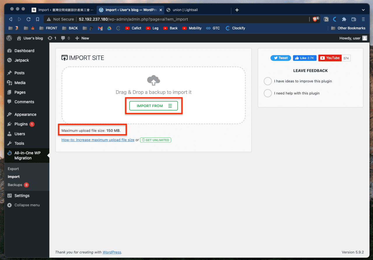 WordPress Migration using plugin All-in-one WP Migration